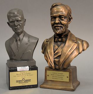 Two busts to include a bronze bust of Andrew Carnegie, unsigned, having plaque stating: Medal of Philanthropy David Rockefeller, Dec...