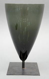 Smoke art glass vase mounted on square iron base. height 12 1/4 inches, diameter 7 inches.   Provenance: Estate of Peggy & David...