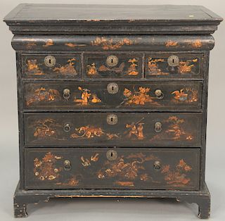 George II oak chest on chest top with original Chinoiserie paint decoration having cornice drawer over three short drawers over thre...