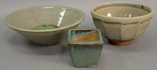 Three glazed pottery pieces to include celadon glazed bowl, square glazed stoneware pot, and a celadon glazed pottery bowl. bowl: he...
