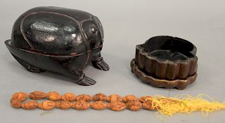 Three piece Asian group to include unusual black lacquered frog box, Chinese lacquered flower form box (missing cover), and Chinese...