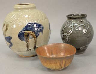 Group of three stoneware glazed pieces to include a stoneware urn with molded figures signed: Bang, small bowl signed illegibly on b...