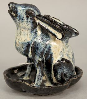Chinese rabbit fur glazed figural vase in the form of a rabbit sitting on a footed petal base, 18th/19th century (chips). height 5 3...