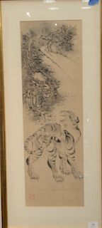 Black and grey wash painting of nine three clawed dragons and tiger watercolor on paper, possibly 19th century or older. sight size...