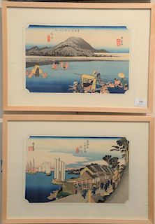 Three Utagawa Hiroshige (1797-1858) woodblocks including No. 20 Fuchu (The River Abekawa); No. 2 Shinagawa (Rising Sun); and No. 36...