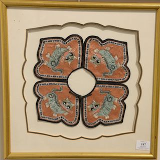 Silk embroidered cat robe collar in gilt frame with Chinese wax seal mark on back. silk size: 10" x 10", total frame size: 17" x 17"...