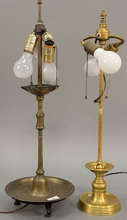 Two brass table lamps, one made from early oil lamp. heights 23 1/2 inches and 25 inches   Provenance: Estate of Peggy & David R...