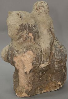 Early content limestone figure on horseback, possibly South American (repaired).  height 23 1/2 inches, width 17 1/2 inches   ...
