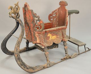 19th century Continental carved single working sleigh, carved horses and scrolls, carved on front: 1871 WYM, carved on back initials...
