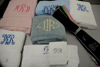 Lot of nine monogrammed towels to include four bath towels monogrammed "MR", one bath towell and three hand towels monogrammed "DR",...