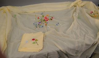 Eighteen piece lot including silk tablecloth and seventeen napkins, all embroidered with roses. tablecloth: 64" x 168"   Provena...