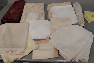 Two tray lots of linens including table covers, silk and lace, two square, one round, and several small pieces. 48" x 48" 

Provenan...