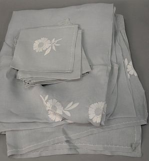 Grey Line tablecloth with embroidered white flowers along with twelve napkins. 65" x 120" 

Provenance: Estate of Peggy & David Rock...