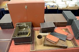 Group of leather boxes and tray.  tray: length 23 inches   Provenance: Estate of Peggy & David Rockefeller having stamp/label.