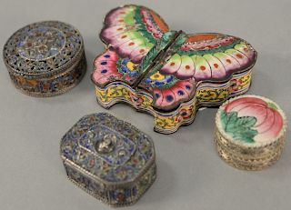 Four 19th century boxes to include an enameled Chinese butterfly, two silver and enameled small boxes (probably Hungarian) and a sma...