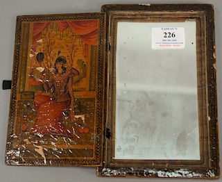 Persian lacquered traveling mirror with broken hinged cover painted scene with woman in window holding a mirror on the inside front...