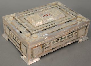 Large mother of pearl and abalone inlaid box having crown on top.  height 3 1/2 inches, length 10 1/2 inches.   Provenance: Es...