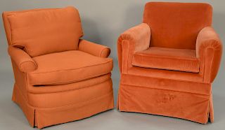 Two easy chairs with custom upholstery, non matching.   Provenance: Estate of Peggy & David Rockefeller having stamp/label.