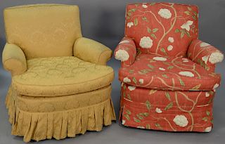 Pair of upholstered club chairs with god upholstery and other with red floral upholstery. 

Provenance: Estate of Peggy & David Rock...