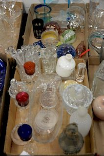 Two tray lots of glass and crystal to include art glass paper weight, venetian stem glass, bug box, pair of martini glasses, drink m...
