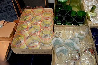 Three tray lots with glasses to include set of eleven goblets painted red, yellow, and blue, wine bottle glasses, etc. 

Provenance:...