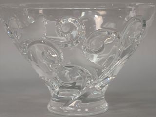 Large Lalique crystal bowl having scrolling vine and frosted bird design, marked on foot: Lalique France (chip on interior rim). hei...