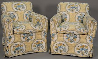 Pair of Brunschwig & Fils upholstered easy chairs, Saratoga Collection (staining on arms). 

Provenance: Estate of Peggy & David Roc...