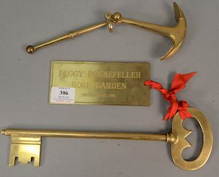 Two Rockefeller memorabilia items including a heavy brass key attached plaque marked: To Peggy Rockefeller Rose Garden September 28,...
