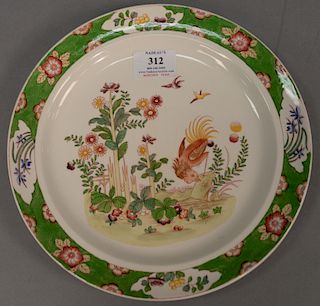 Set of twenty-one Cauldon English plates with painted birds and flowers with green border, marked Cauldon England. diameter 10 inche...