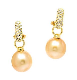 A Pair of 18 Karat Yellow Gold and Diamond Earclips with Removable Cultured Pearl Drops, 5.00 dwts.