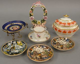 Assorted porcelain group to include three English saucers (as is), porcelain small dish in metal frame, English covered sugar, Germa...