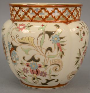 Zsolnay Hungary porcelain urn, hand painted with pierce rim. height 7 inches, top rim: diameter 6 inches.   Provenance: Estate o...