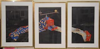 Shuji Wako (b. 1953), lithograph gold leaf triptych, "Utage" Banquet 1986; pencil signed, numbered, and titled; originally from Tolm...