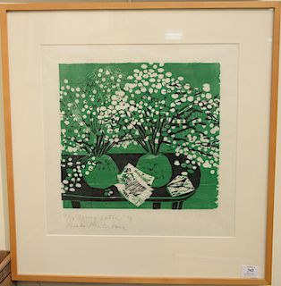 Naoko Matsubara (b. 1937), woodblock, "Spring Letter"; signed, titled, dated, and numbered lower left: Spring Letter, 70' 18/50, hav...