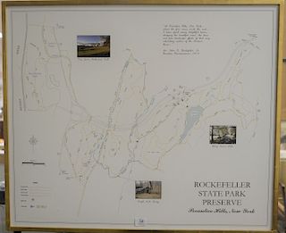 Two framed Rockefeller pieces to include a small unsigned watercolor of a house and a framed map Rockefeller State Park Preserve Poc...