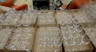 Six box lots of crystal and glass wine glasses, stem glasses, etc. 

Provenance: Estate of Peggy & David Rockefeller having stamp/la...