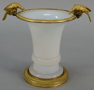 French opaline vase "Clair de Lune" cylindrical form having bronze rim, mounted with birds all on bronze foot. height 7 inches  <R...