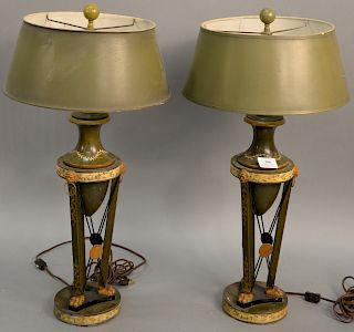 Pair of Chapman French style table lamps, paint decorated with paper shades, made in Spain (shades as is). height 25 inches   Pr...