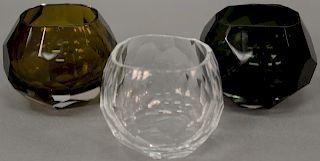 Set of three Artel Glacier, designed by David Wiseman Double old fashioned glasses, vases or bowls, olive, smoke, and clear crystal,...