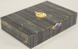 Large blue tiger eye hinged box with gold decal on top marked: Chaumet 1780-1980, having lapis on front, possibly Blue Hawks Eye lin...