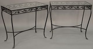 Pair of iron glass top tables. height 29 inches, top: 18 1/2" x 32 1/2" 

Provenance: Estate of Peggy & David Rockefeller having sta...
