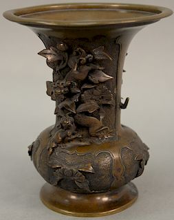Japanese bronze vase with three foo lion figures (handles missing). height 7 inches, diameter 6 inches   Provenance: Estate of P...