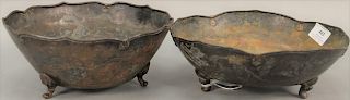 Two large mixed metal Chinese bowls, hand hammered copper with slivered dragons and flaming clouds on one side and the other side wi...