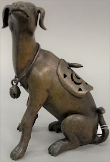 Large Japanese bronze dog censer having collar with bell and cover on back, probably 19th century. height 9 3/4