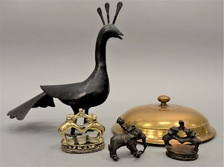 Assortment of Asian metal items to include two small bronze elephant figures, small brass double elephant figure, heavy brass cover,...