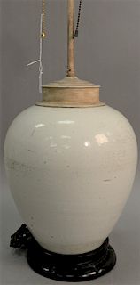 Large Chinese white glazed urn on hardwood base, made into a table lamp. vase: height 12 inches, total height 30 inches   Proven...