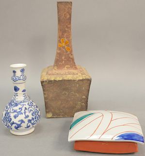 Three Asian porcelain pieces to include Japanese contemporary vase, a Japanese porcelain dome covered paint decorated box, and a blu...