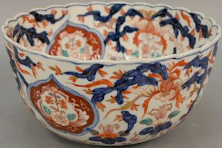 Large Imari porcelain bowl enameled iron red, blue, and white with scallop edge. height 5 1/2 inches, diameter 10 1/2