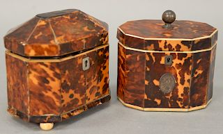 Two 19th century regency tea caddies to include tortoise shell tea caddy with dome top on ball feet opening to double compartment wi...