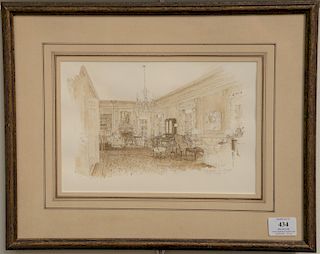 Tim A. Lovejoy (b. 1943), brown ink drawing, Drawing Room, 146 E. 65th St. (salon du sejour) 1981, Interior view of Rockefeller's li...